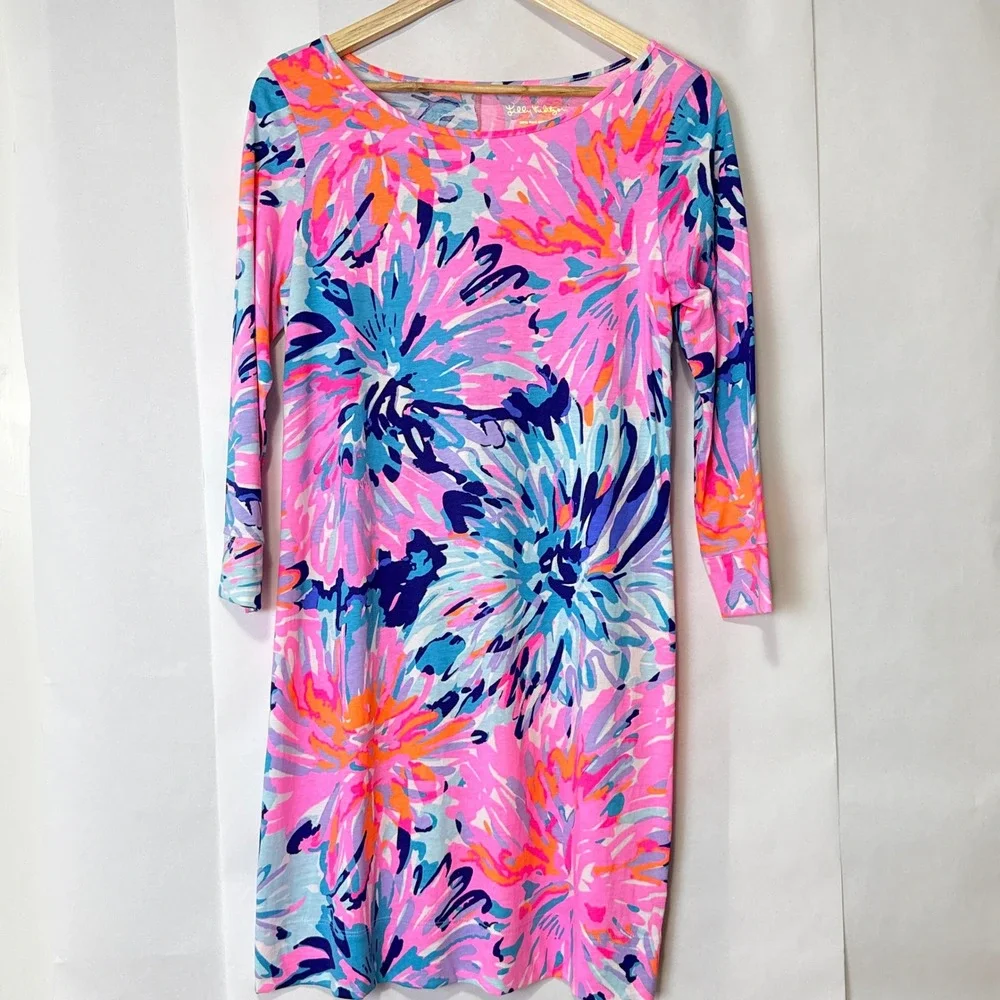 Lilly Pulitzer Marlow  Dress Pima Cotton Floral Print 3/4 Sleeve Pink Blue M - Picture 2 of 11